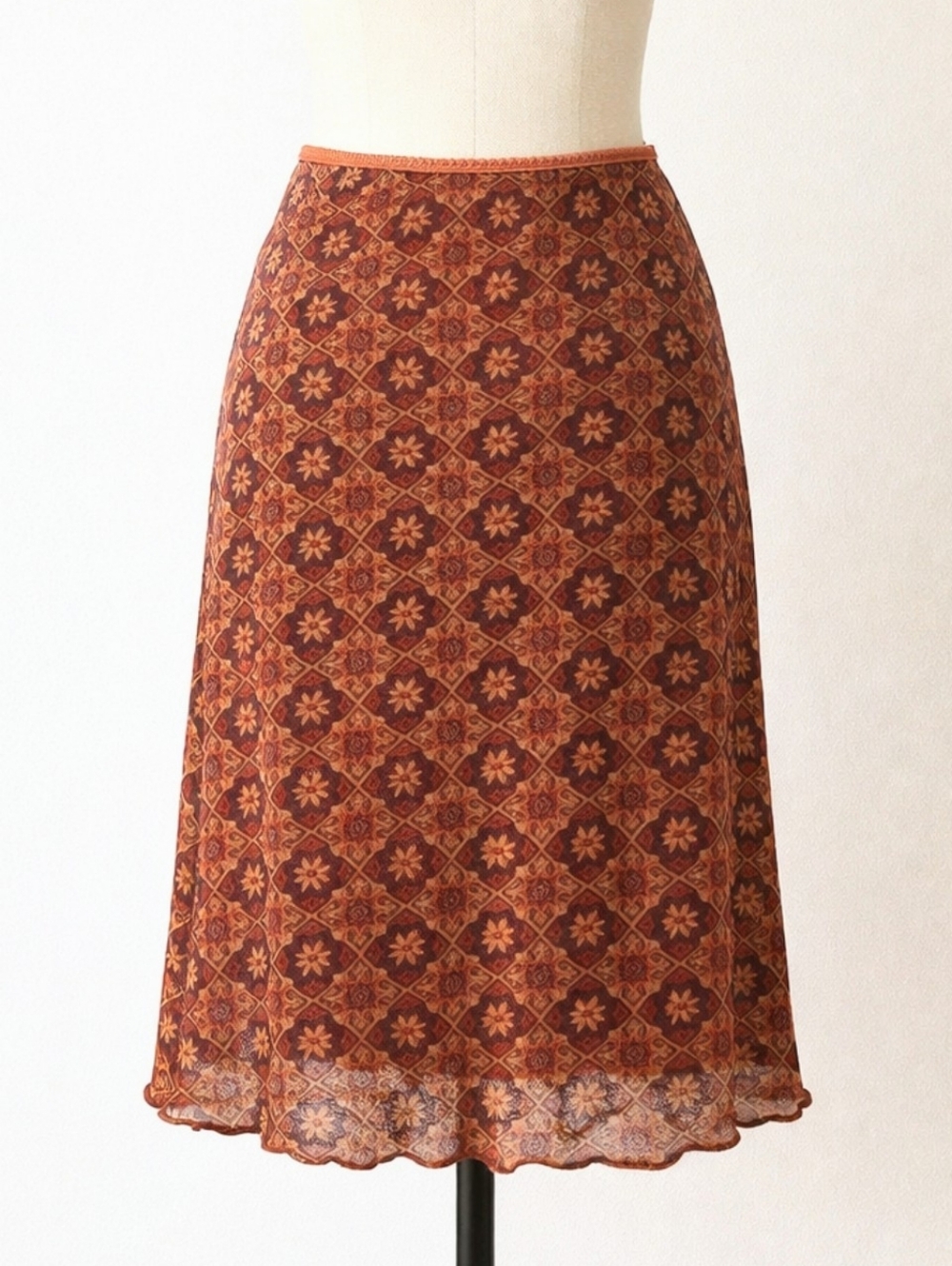💐 VINTAGE 90's Boho Slip Skirt | Rust Orange Mustard Yellow Plum | MEDIUM